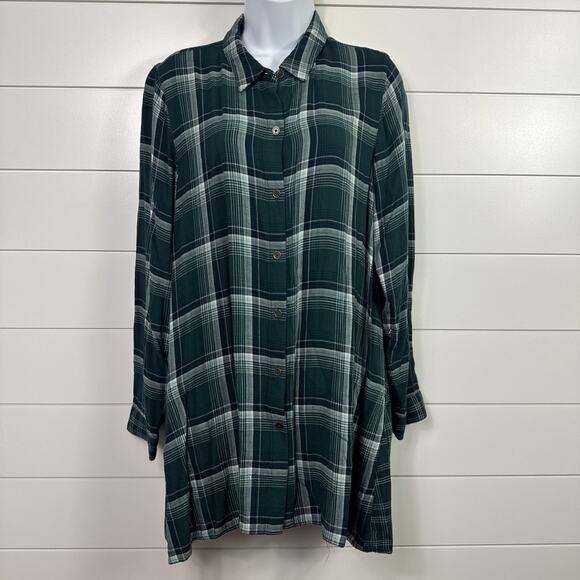 J. Jill Plaid Long Sleeve Button Front Tunic Top Shirt Green sz M - Picture 1 of 7